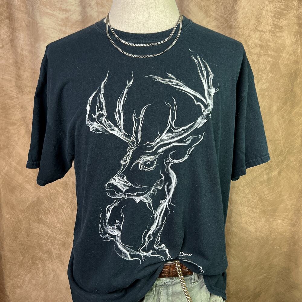 Deer Smoke Hunting T-Shirt Graphic Tee Black Short Sleeve Vintage Y2K Outdoor